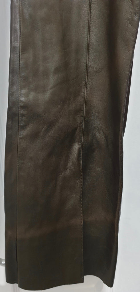 CELINE Dark Brown Leather Wide Straight Leg Lined Trousers Pants FR40 UK12