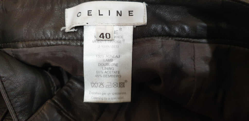 CELINE Dark Brown Leather Wide Straight Leg Lined Trousers Pants FR40 UK12