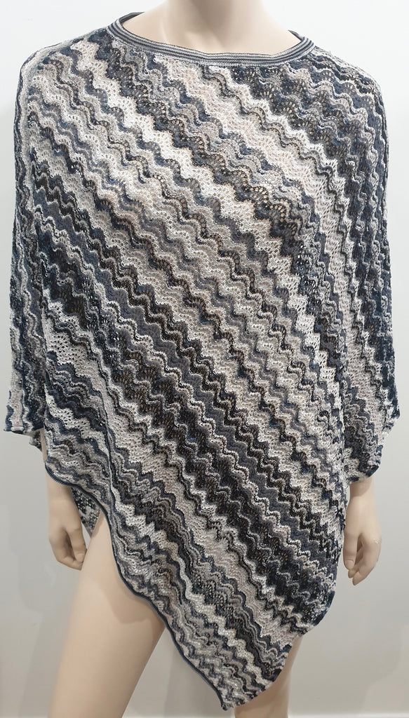 MISSONI Orange Label Grey White Silver Metallic Fine Knit Stripe Poncho Cape Top