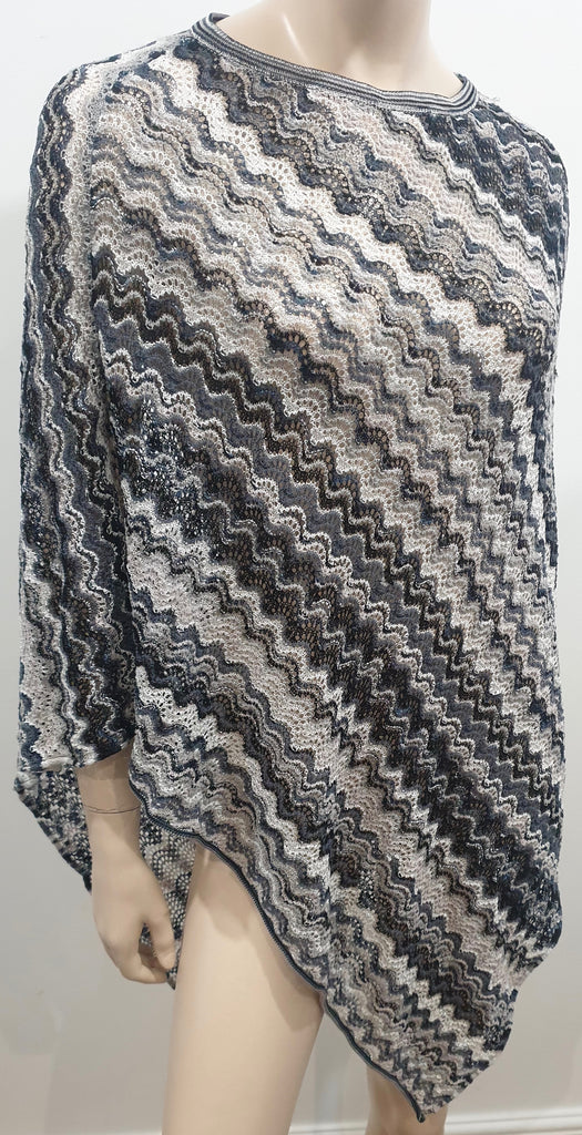 MISSONI Orange Label Grey White Silver Metallic Fine Knit Stripe Poncho Cape Top