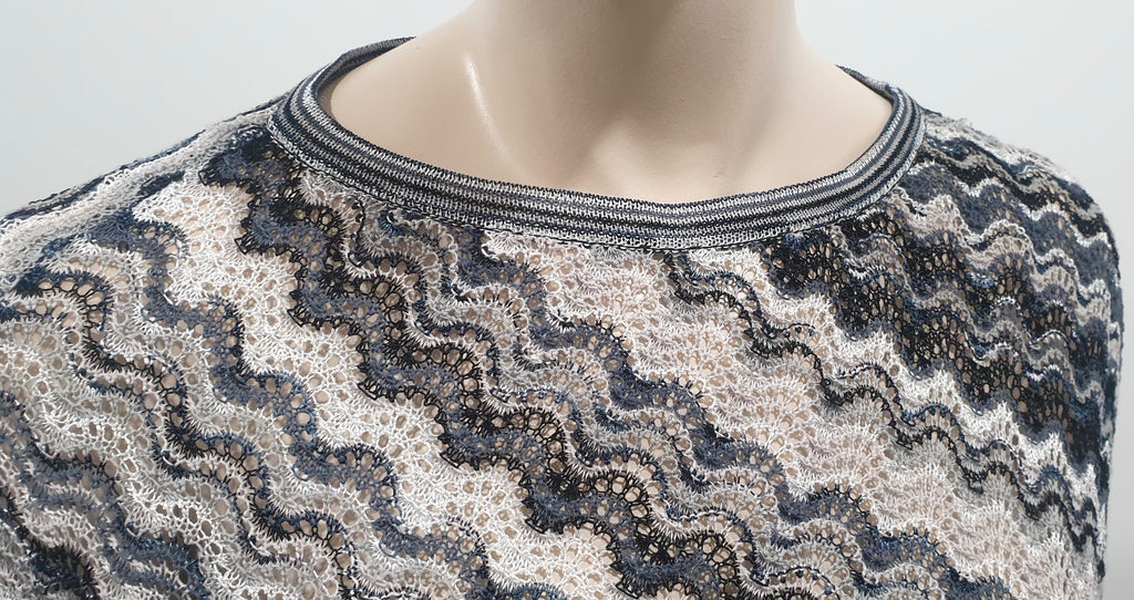 MISSONI Orange Label Grey White Silver Metallic Fine Knit Stripe Poncho Cape Top