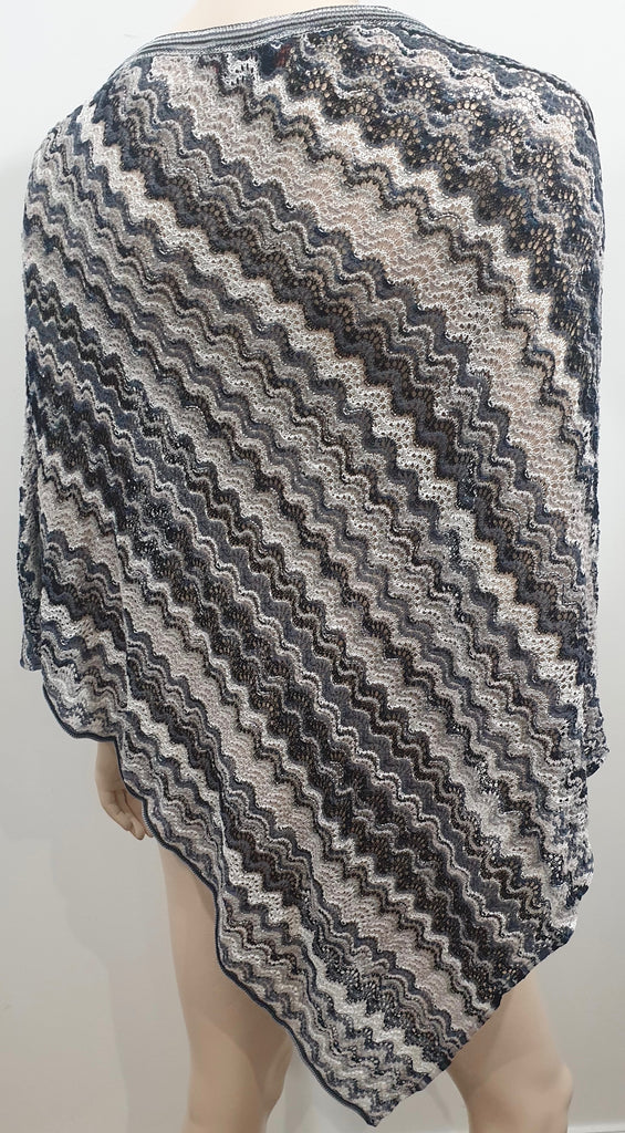MISSONI Orange Label Grey White Silver Metallic Fine Knit Stripe Poncho Cape Top