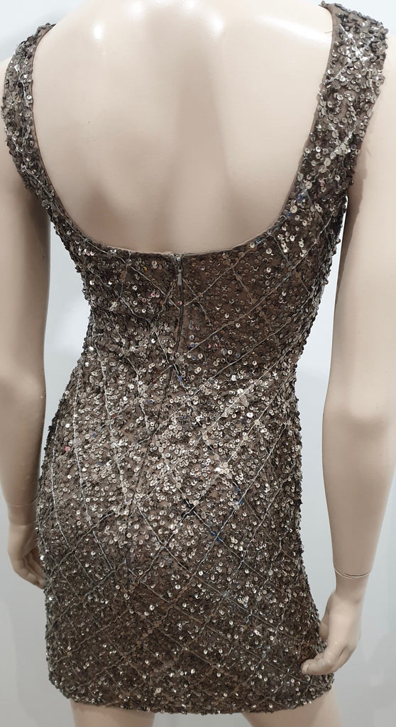 SCALA Bronze Gold Silk Sequin Embellished Mini Bodycon Evening Party Dress UK8