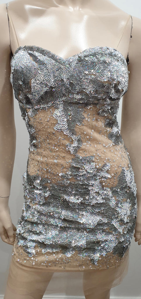 BG HAUTE Silver Sequin Embellished Nude Mesh Mini Bodycon Evening Party Dress 8