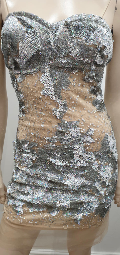 BG HAUTE Silver Sequin Embellished Nude Mesh Mini Bodycon Evening Party Dress 8