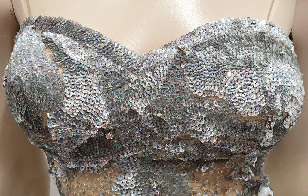 BG HAUTE Silver Sequin Embellished Nude Mesh Mini Bodycon Evening Party Dress 8