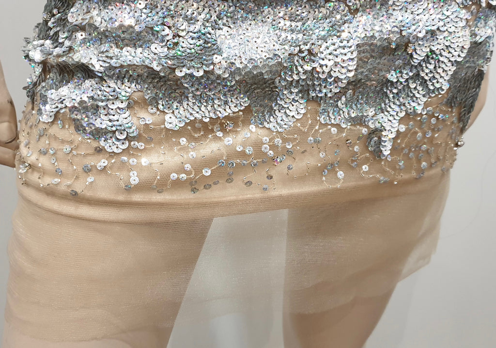 BG HAUTE Silver Sequin Embellished Nude Mesh Mini Bodycon Evening Party Dress 8