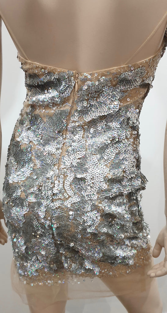 BG HAUTE Silver Sequin Embellished Nude Mesh Mini Bodycon Evening Party Dress 8