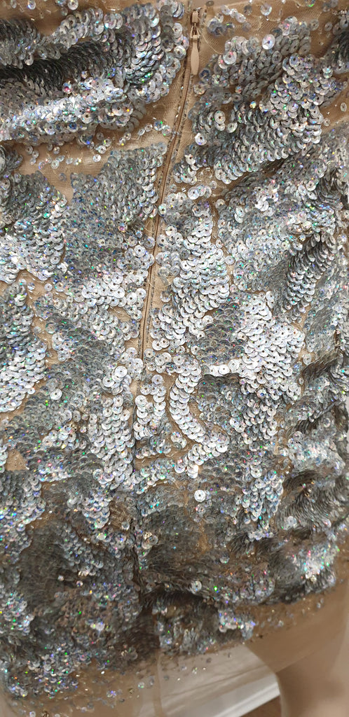 BG HAUTE Silver Sequin Embellished Nude Mesh Mini Bodycon Evening Party Dress 8