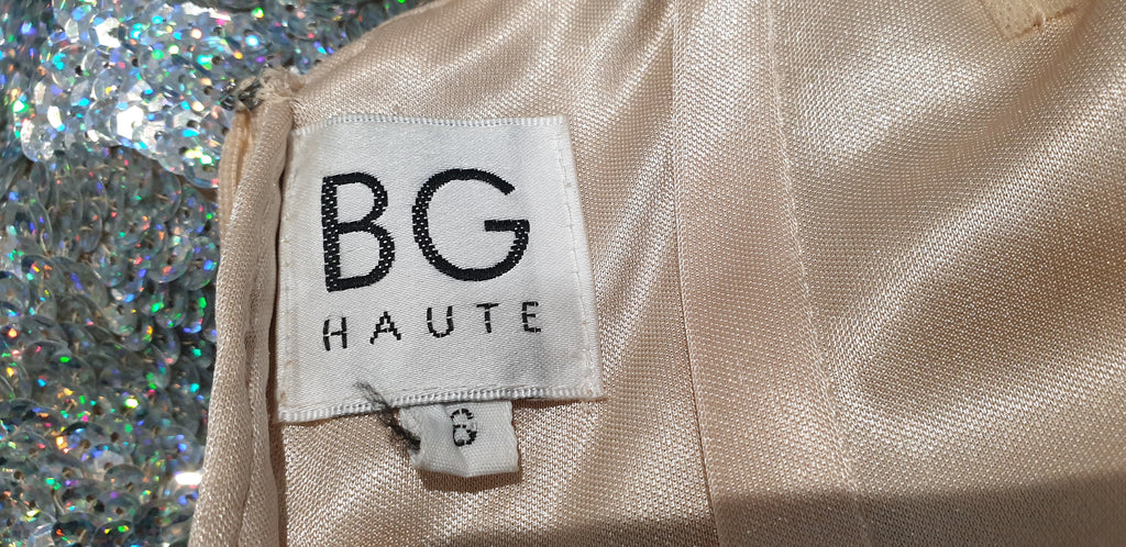 BG HAUTE Silver Sequin Embellished Nude Mesh Mini Bodycon Evening Party Dress 8