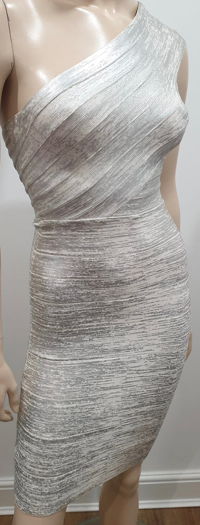 HERVE LEGER Silver & White One Shoulder Bandage Bodycon Evening Mini Dress XS
