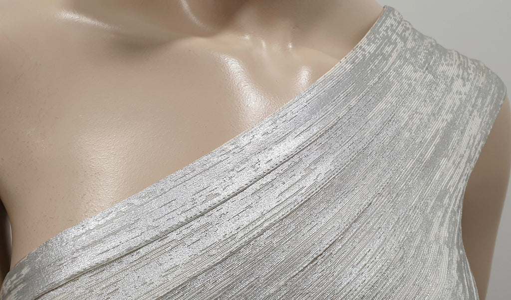 HERVE LEGER Silver & White One Shoulder Bandage Bodycon Evening Mini Dress XS