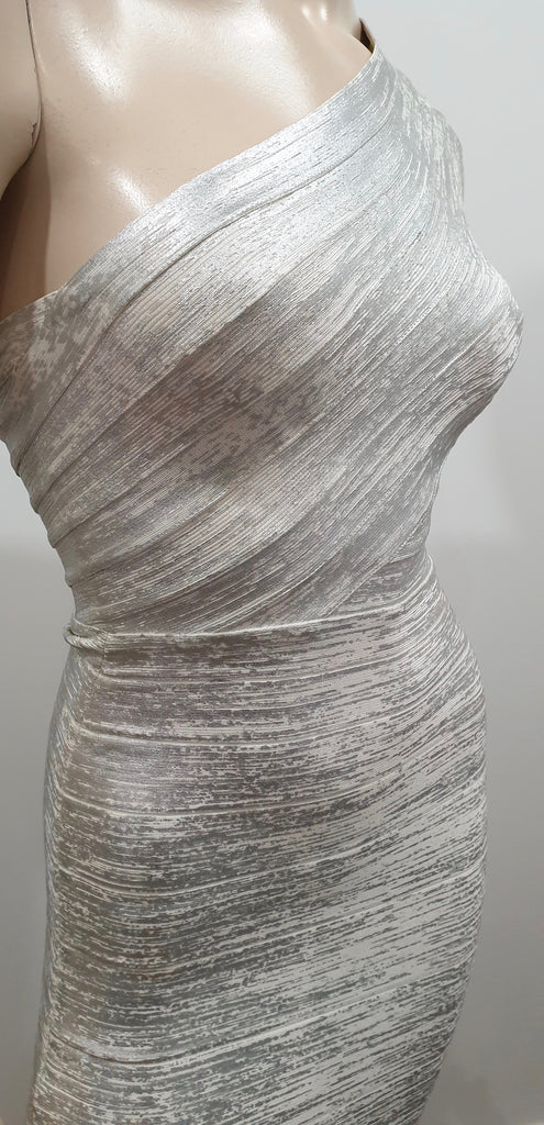 HERVE LEGER Silver & White One Shoulder Bandage Bodycon Evening Mini Dress XS