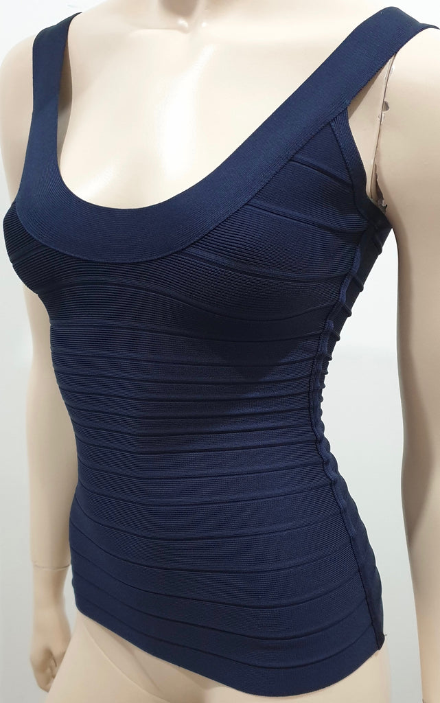 HERVE LEGER Navy Blue KATIE Scoop Neck Sleeveless Bandage Bodycon Top XS
