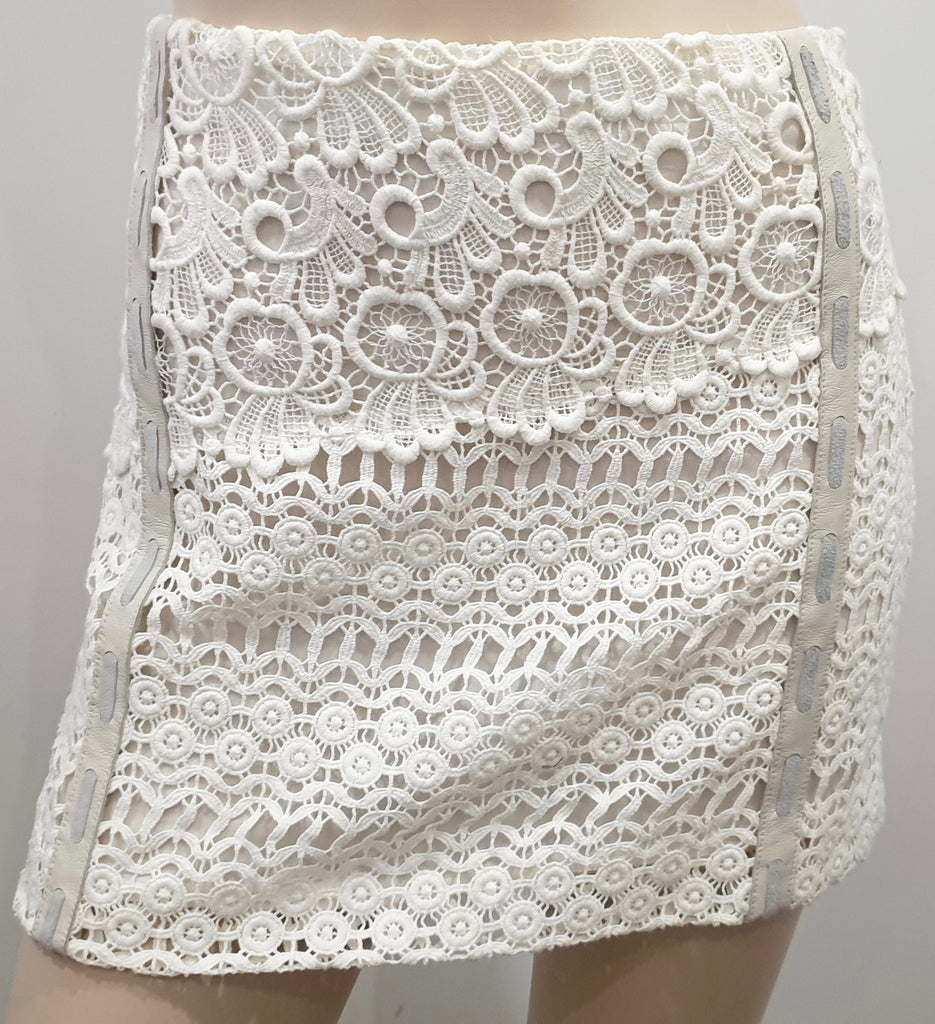 MAJE White Embroidery Cream & Grey Leather Trim Short Mini Pencil Skirt FR34 UK6