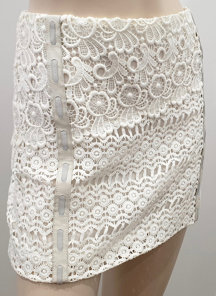 MAJE White Embroidery Cream & Grey Leather Trim Short Mini Pencil Skirt FR34 UK6