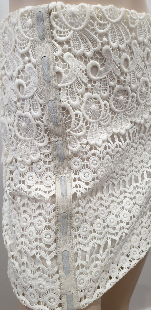MAJE White Embroidery Cream & Grey Leather Trim Short Mini Pencil Skirt FR34 UK6