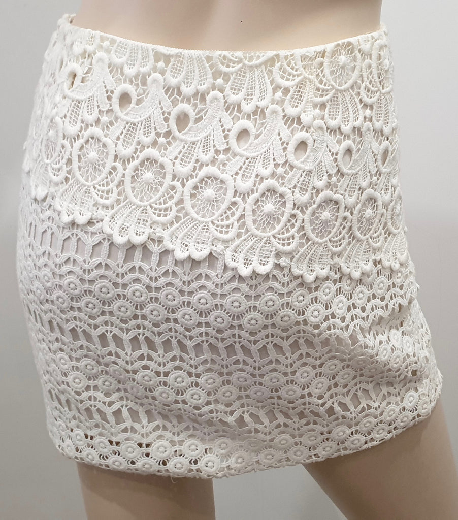 MAJE White Embroidery Cream & Grey Leather Trim Short Mini Pencil Skirt FR34 UK6