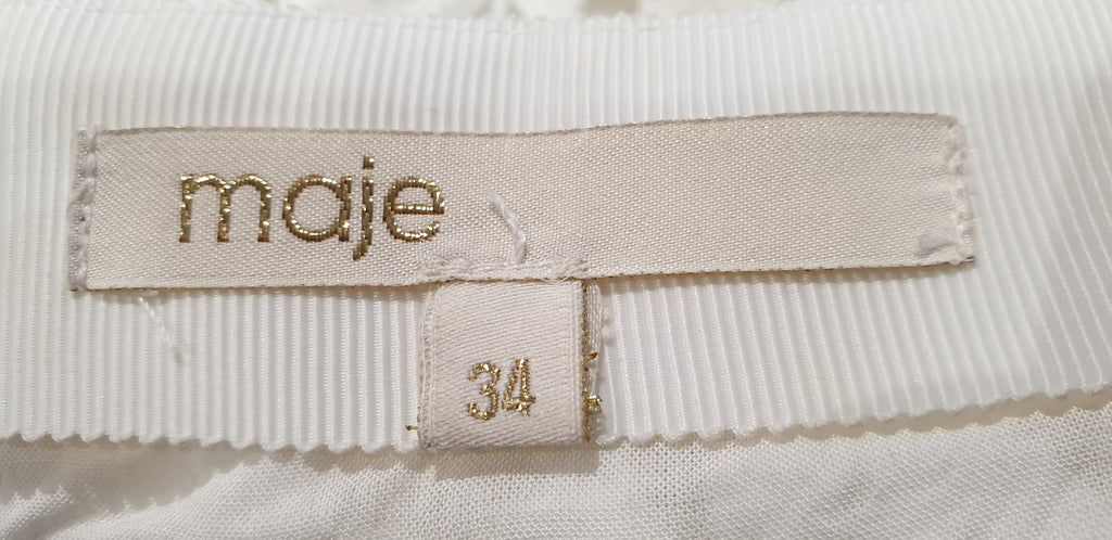 MAJE White Embroidery Cream & Grey Leather Trim Short Mini Pencil Skirt FR34 UK6