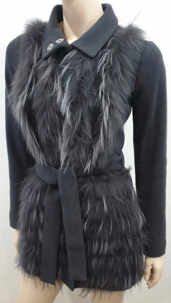 PINKO Women's Grey Wool & Fur Funnel Collared Neck Belted Lined Jacket Coat UK6