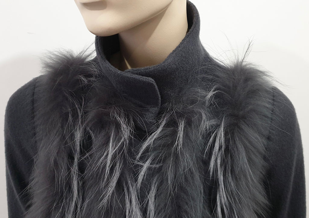 PINKO Women's Grey Wool & Fur Funnel Collared Neck Belted Lined Jacket Coat UK6