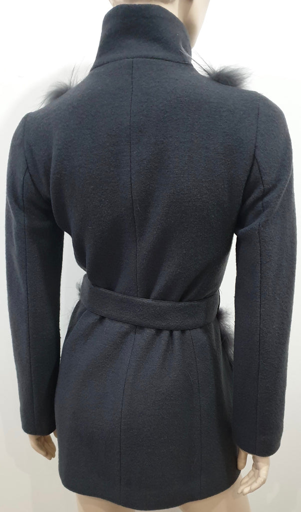 PINKO Women's Grey Wool & Fur Funnel Collared Neck Belted Lined Jacket Coat UK6