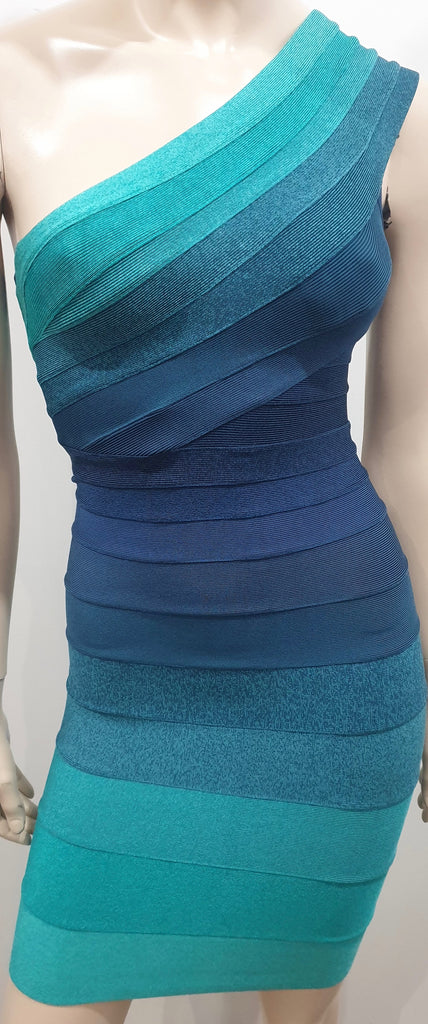 HERVE LEGER Blue & Green One Shoulder Bandage Bodycon Evening Mini Dress XS