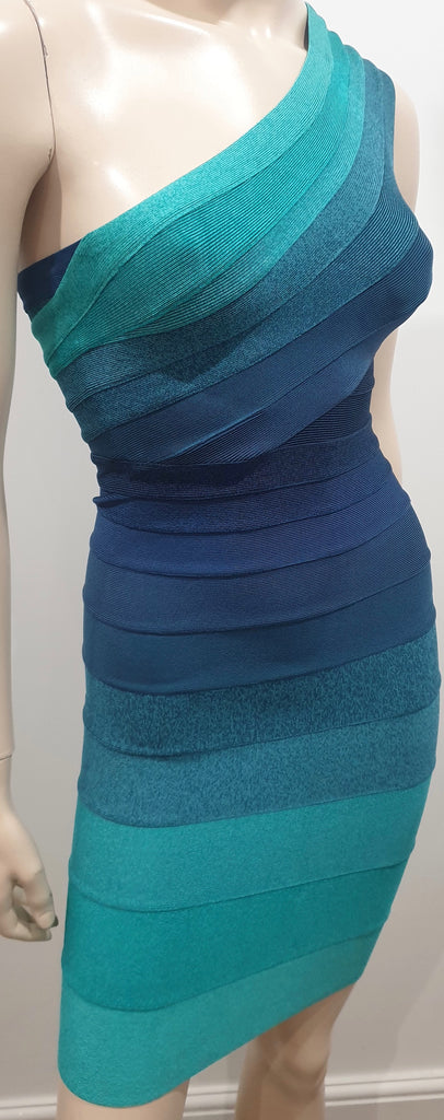 HERVE LEGER Blue & Green One Shoulder Bandage Bodycon Evening Mini Dress XS