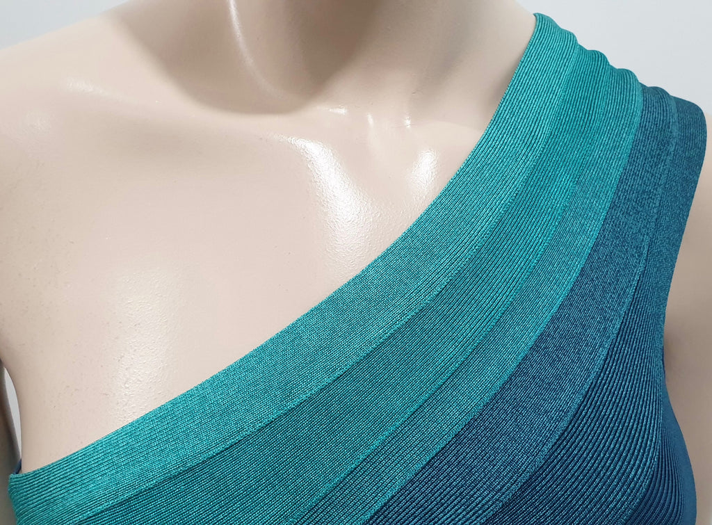 HERVE LEGER Blue & Green One Shoulder Bandage Bodycon Evening Mini Dress XS