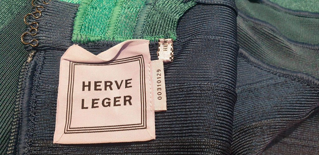 HERVE LEGER Blue & Green One Shoulder Bandage Bodycon Evening Mini Dress XS