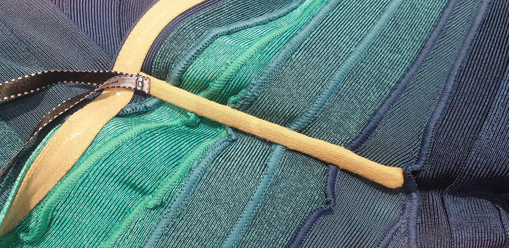 HERVE LEGER Blue & Green One Shoulder Bandage Bodycon Evening Mini Dress XS