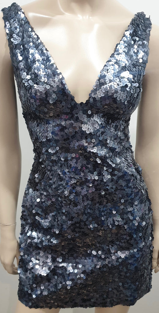 PINKO Blue Grey Sequin Embellished Plunge V Neck Sleeveless Mini Evening Dress 8