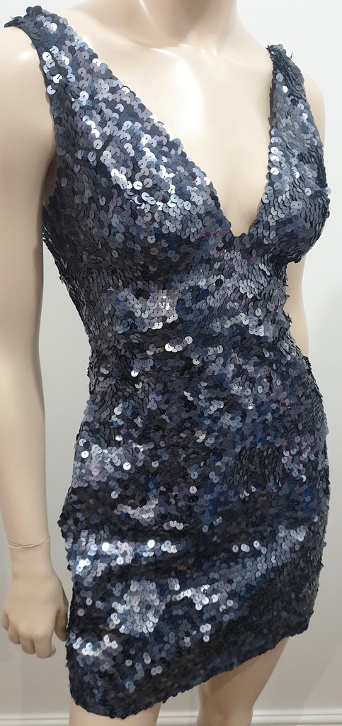 PINKO Blue Grey Sequin Embellished Plunge V Neck Sleeveless Mini Evening Dress 8