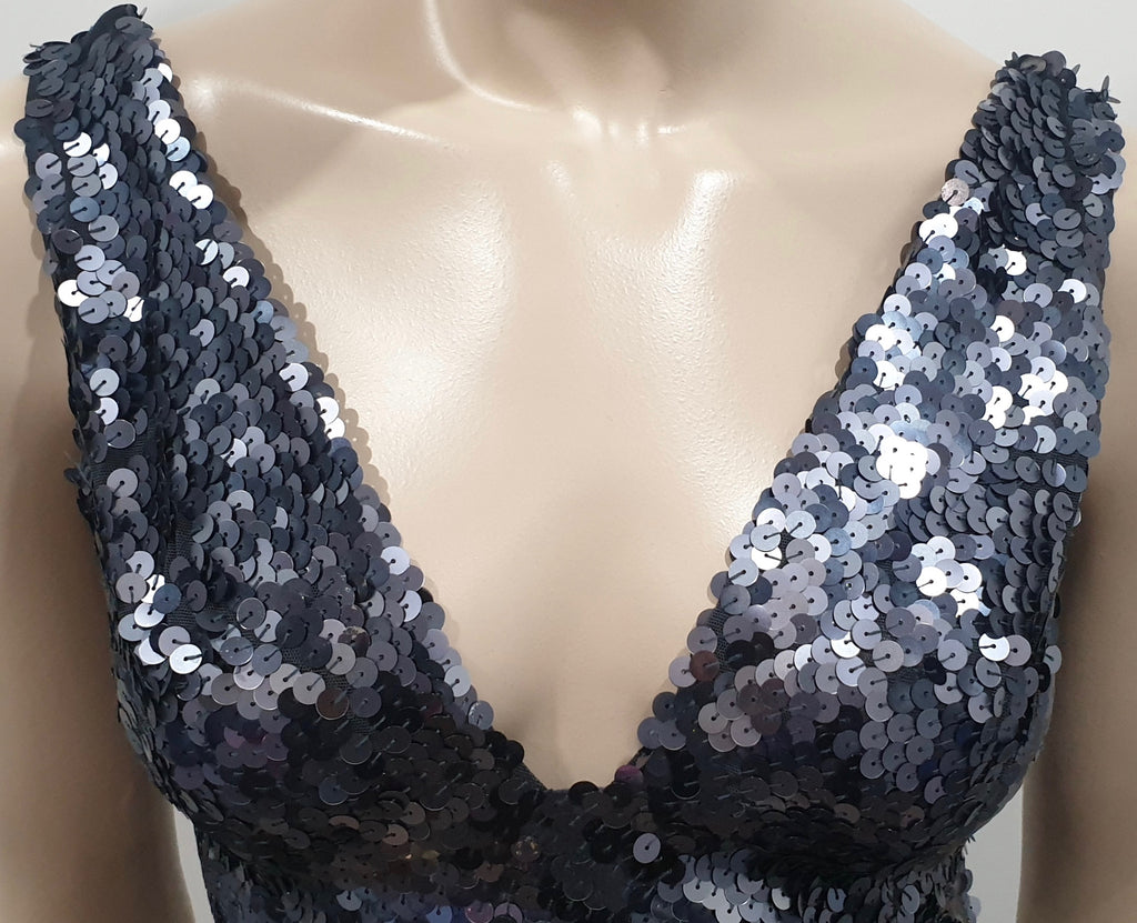 PINKO Blue Grey Sequin Embellished Plunge V Neck Sleeveless Mini Evening Dress 8