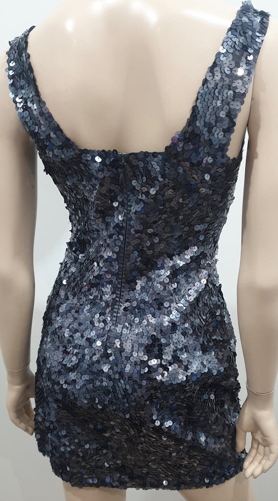PINKO Blue Grey Sequin Embellished Plunge V Neck Sleeveless Mini Evening Dress 8