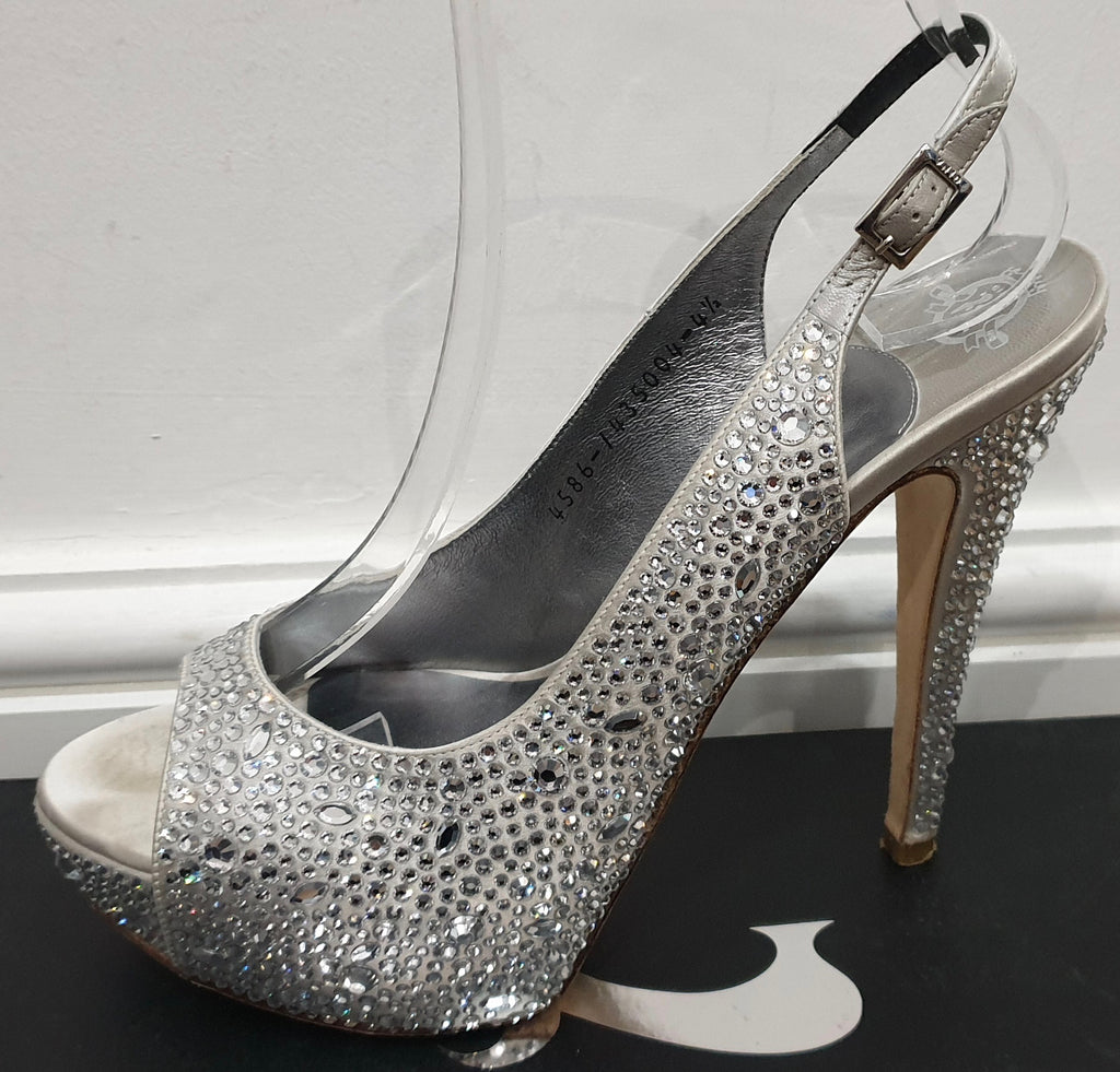 GINA Pale Grey Satin Crystal Embellished Peep Toe Platform Evening Sandals UK4.5