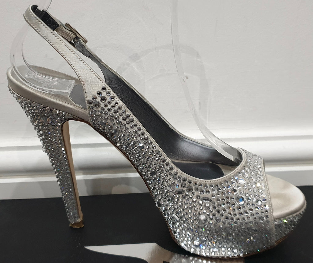 GINA Pale Grey Satin Crystal Embellished Peep Toe Platform Evening Sandals UK4.5