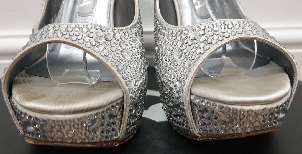 GINA Pale Grey Satin Crystal Embellished Peep Toe Platform Evening Sandals UK4.5