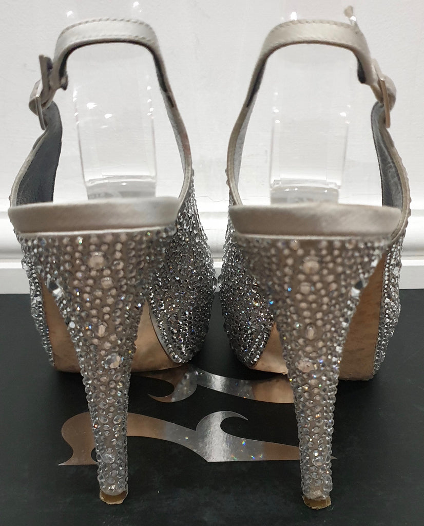 GINA Pale Grey Satin Crystal Embellished Peep Toe Platform Evening Sandals UK4.5