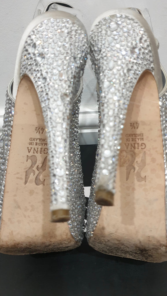GINA Pale Grey Satin Crystal Embellished Peep Toe Platform Evening Sandals UK4.5