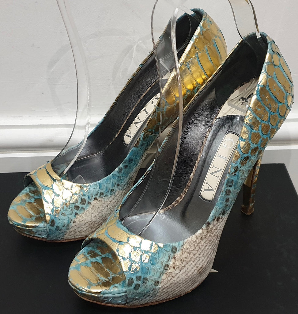 GINA Blue Gold Python Leather Peep Toe Platform High Evening Sandals Shoes UK4.5