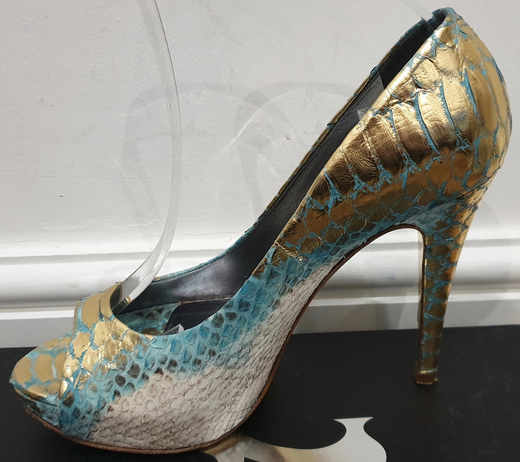 GINA Blue Gold Python Leather Peep Toe Platform High Evening Sandals Shoes UK4.5