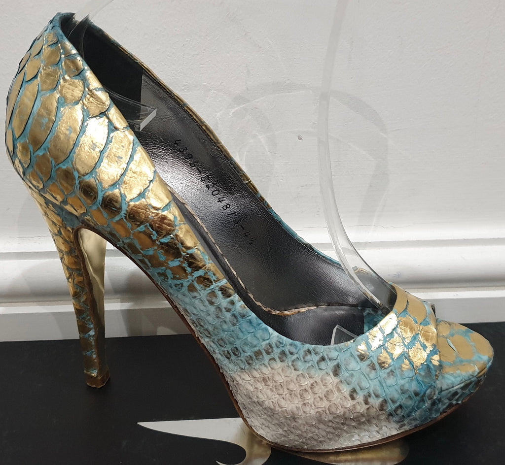 GINA Blue Gold Python Leather Peep Toe Platform High Evening Sandals Shoes UK4.5