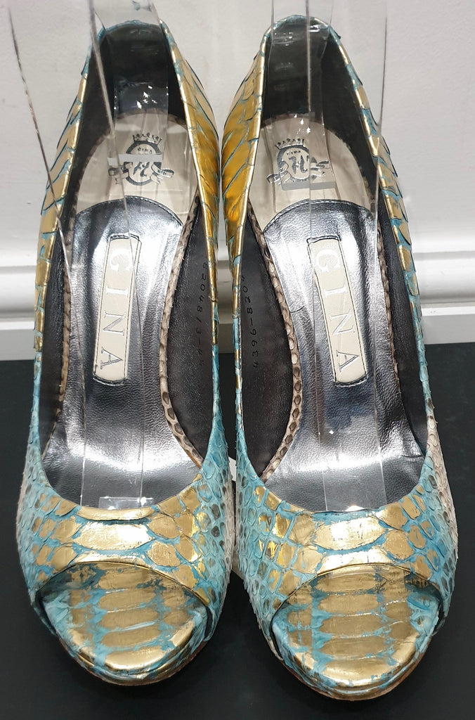 GINA Blue Gold Python Leather Peep Toe Platform High Evening Sandals Shoes UK4.5