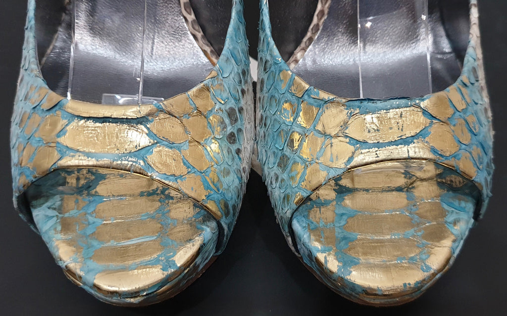 GINA Blue Gold Python Leather Peep Toe Platform High Evening Sandals Shoes UK4.5
