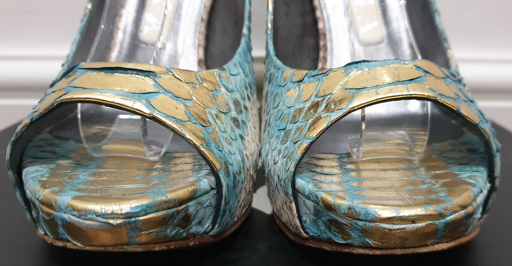 GINA Blue Gold Python Leather Peep Toe Platform High Evening Sandals Shoes UK4.5