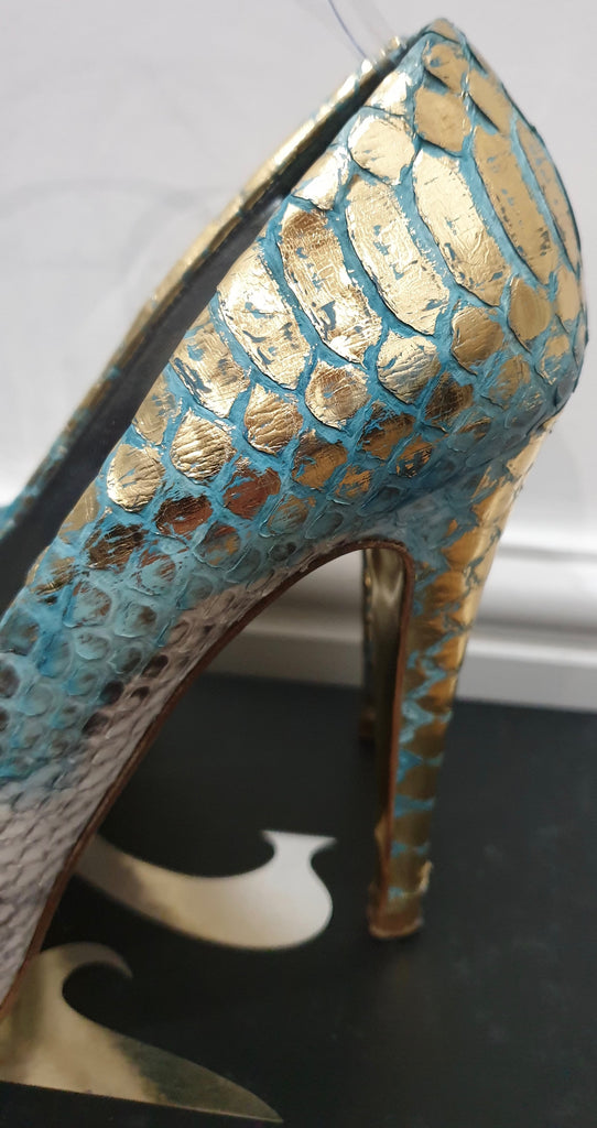 GINA Blue Gold Python Leather Peep Toe Platform High Evening Sandals Shoes UK4.5