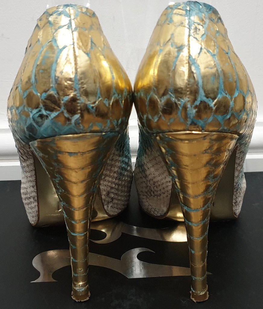 GINA Blue Gold Python Leather Peep Toe Platform High Evening Sandals Shoes UK4.5