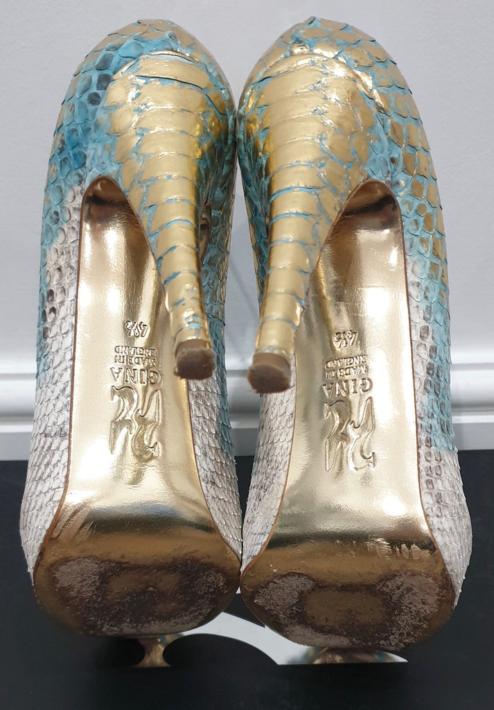 GINA Blue Gold Python Leather Peep Toe Platform High Evening Sandals Shoes UK4.5