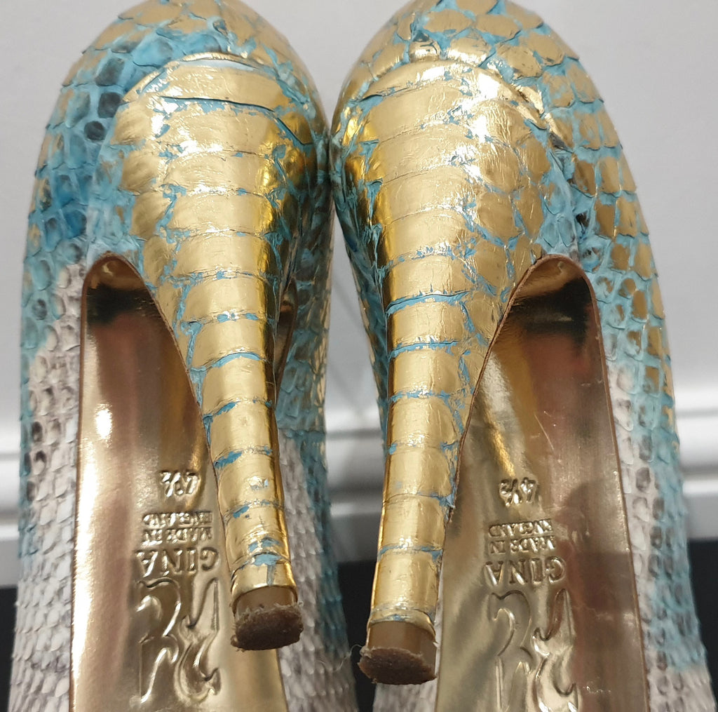 GINA Blue Gold Python Leather Peep Toe Platform High Evening Sandals Shoes UK4.5